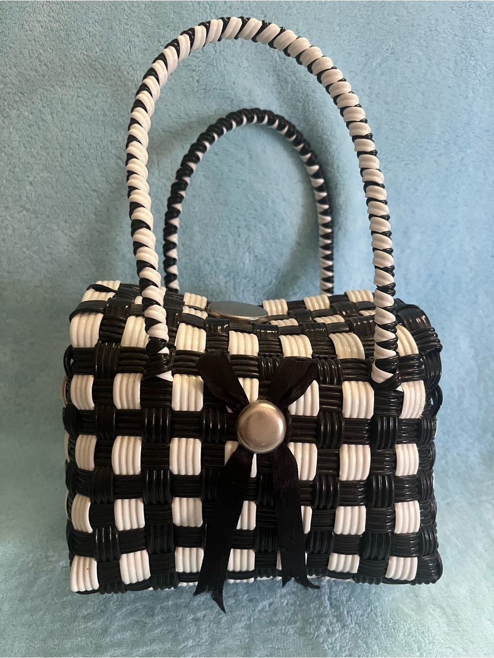 Black & White Woven Mini Tote with Ribbon Accent